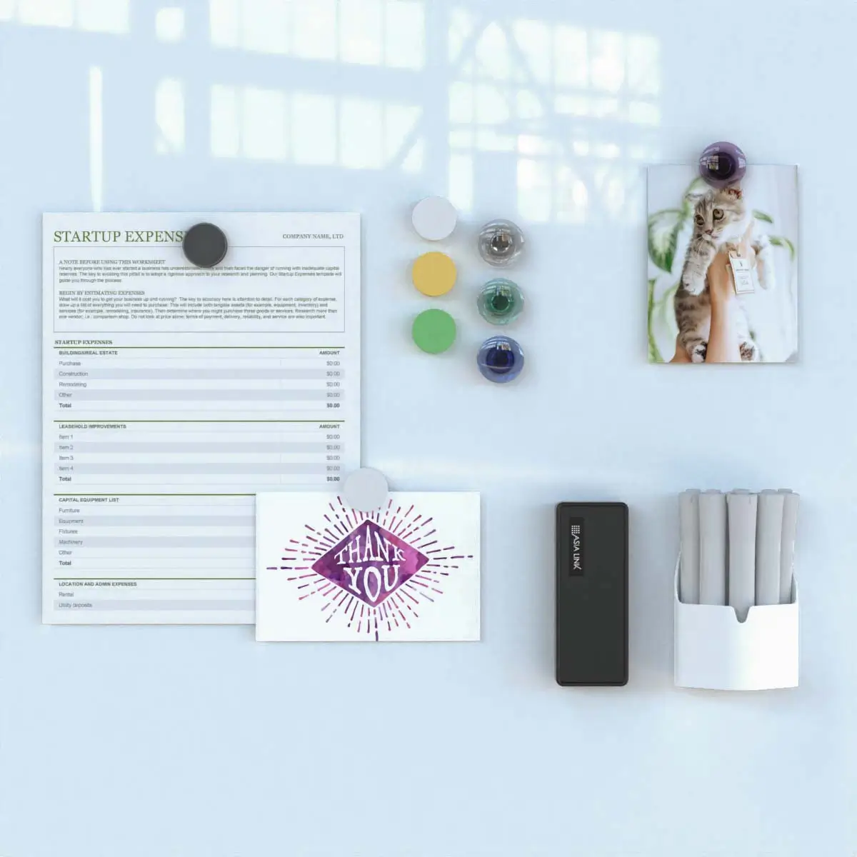 Essential glass whiteboard accessories include markers, erasers, and strong magnets. marker holder